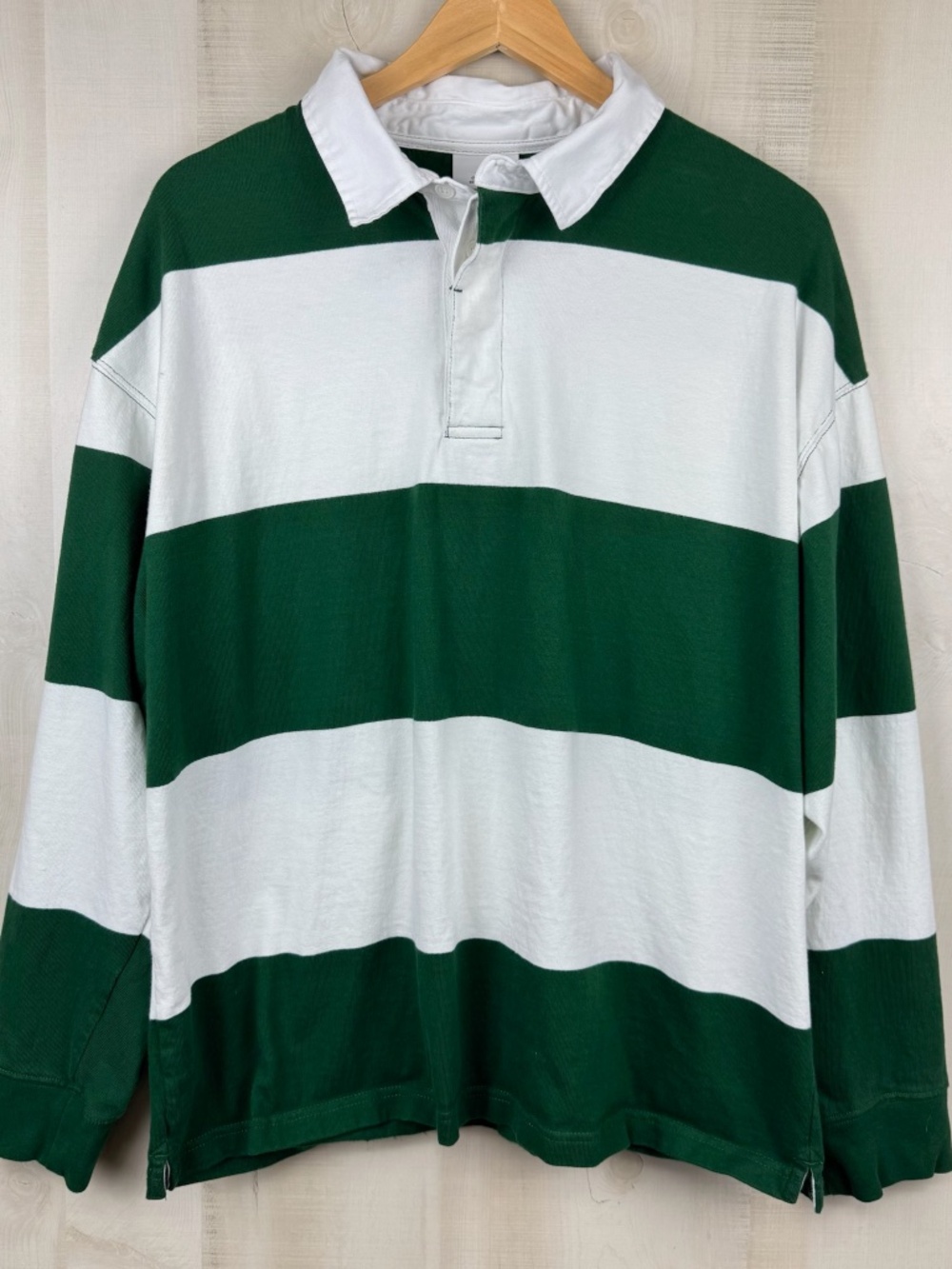 H&M Men’s Oversized Fit Long Sleeve Rugby Shirt Hunter Green White Striped XXL